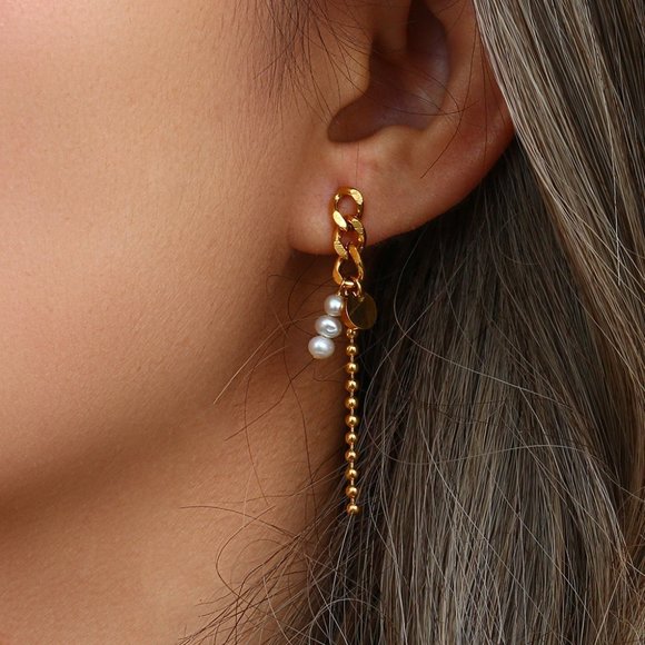 Asymmetrical Dainty Drop Pearl Earrings 18K Gold Plated Stainless Steel - Picture 10 of 11